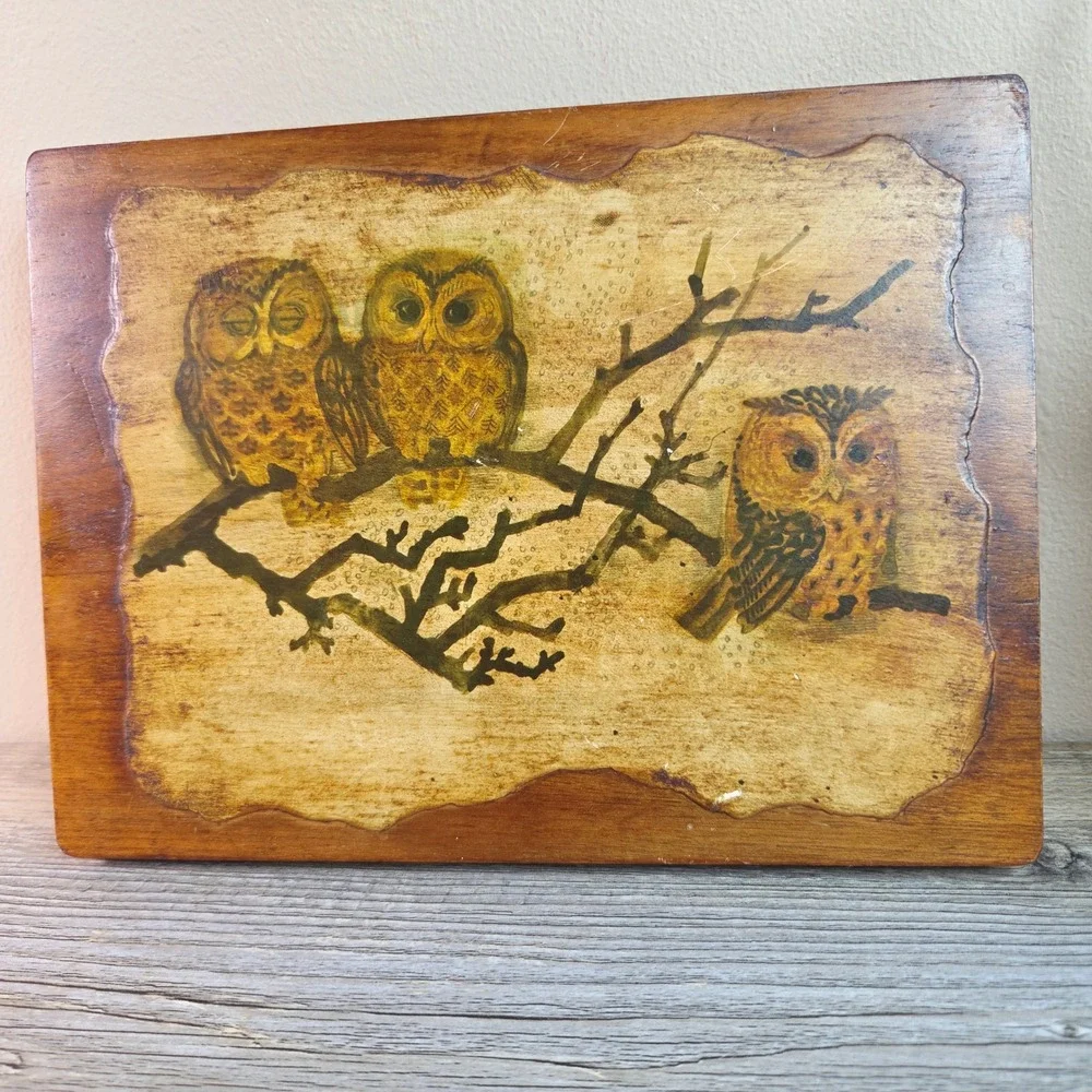 Vintage Owl Wood Wall Plaque Art 70s MCM Retro Cabin Decor Trio Owls Branch 8x6
